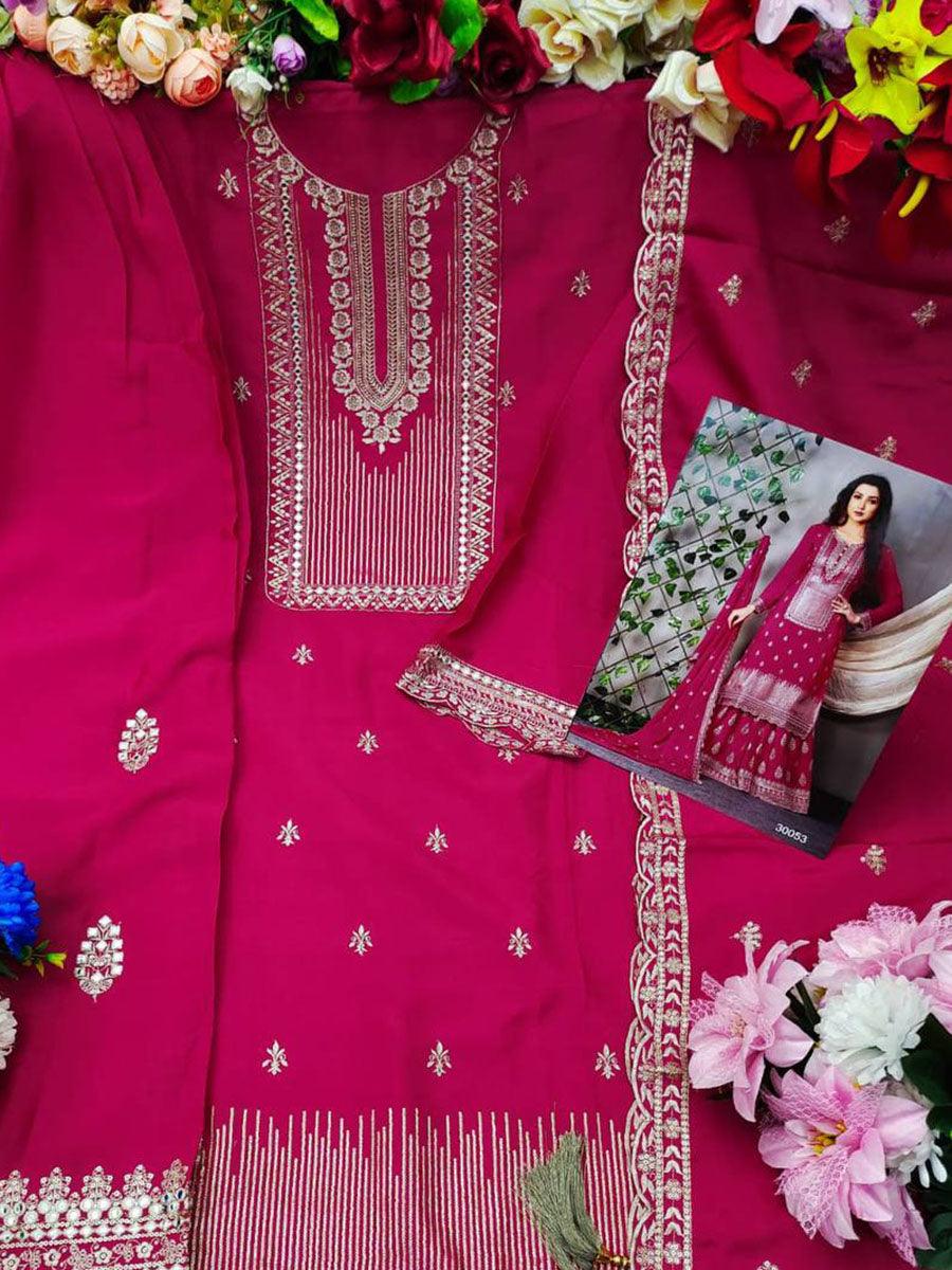 Dark Pink Chinon Anarkali with Dupatta Set - Indiakreations