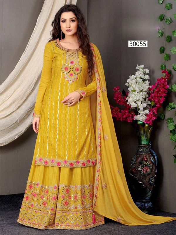 Yellow Chinon Anarkali with Dupatta Set - Indiakreations