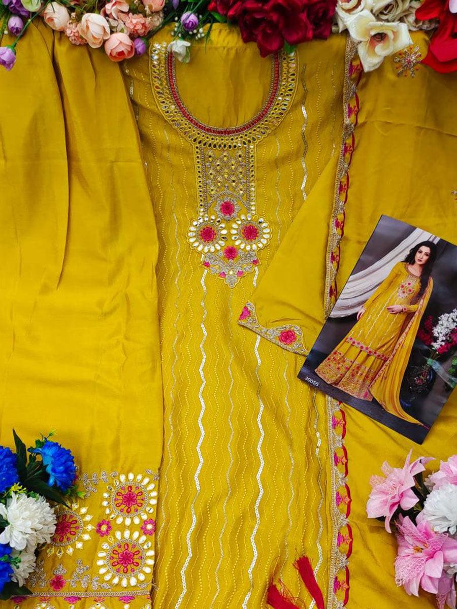 Yellow Chinon Anarkali with Dupatta Set - Indiakreations