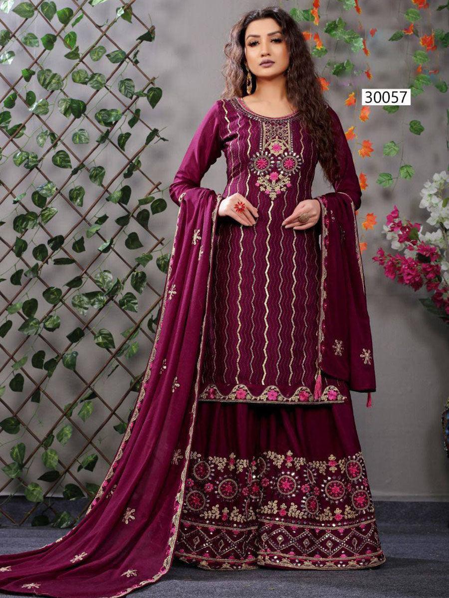 Wine Purple Chinon Anarkali with Dupatta Set - Indiakreations