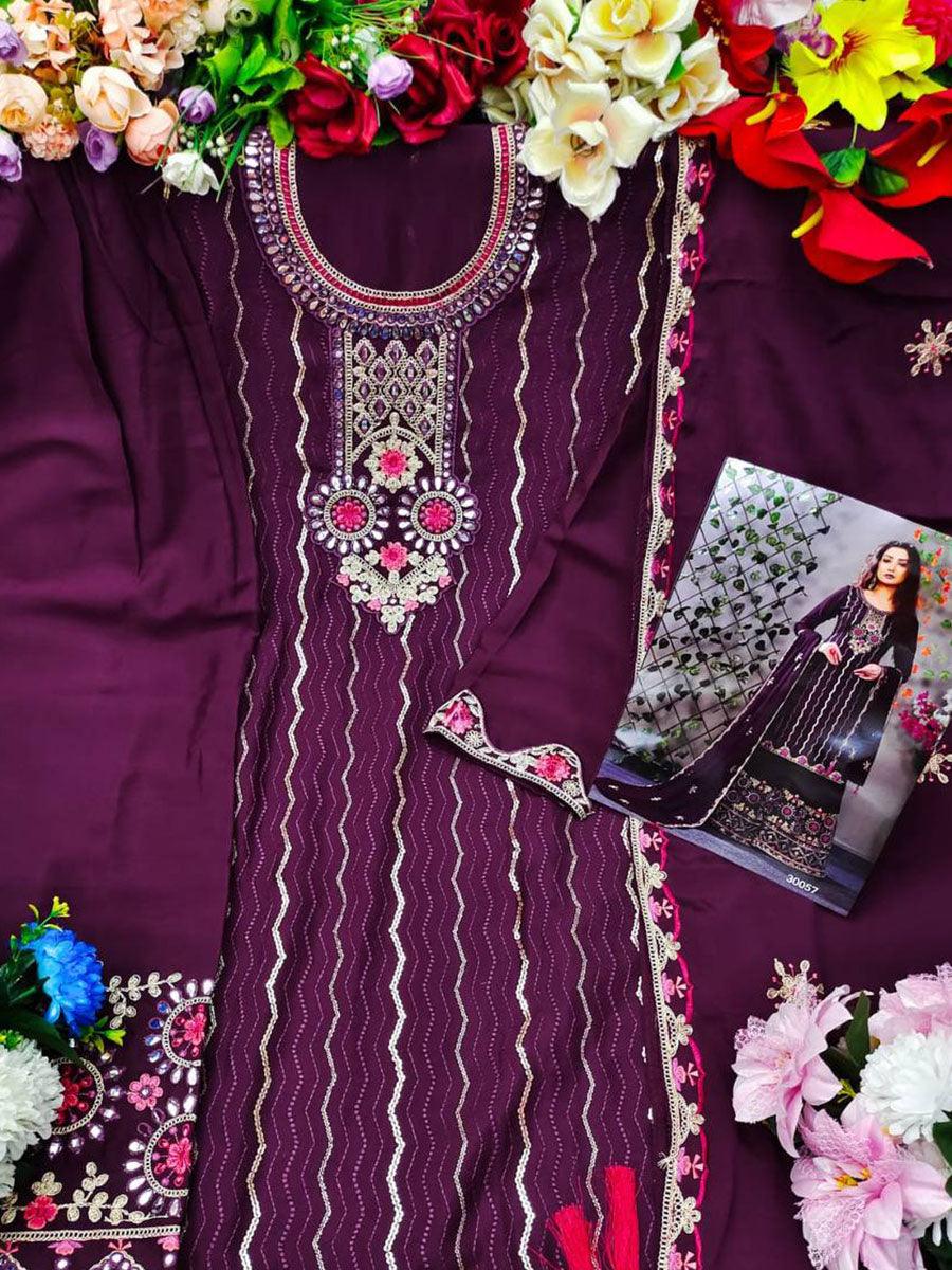 Wine Purple Chinon Anarkali with Dupatta Set - Indiakreations