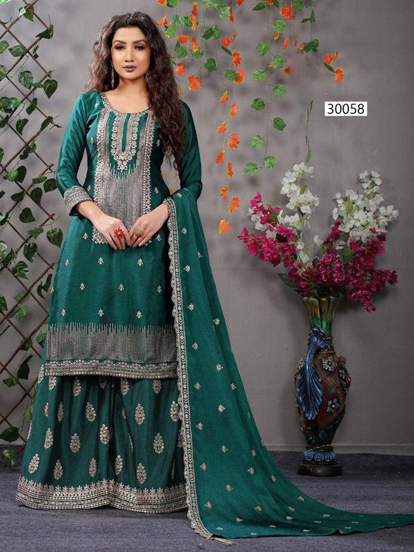 Peacock Green Chinon Anarkali with Dupatta Set - Indiakreations