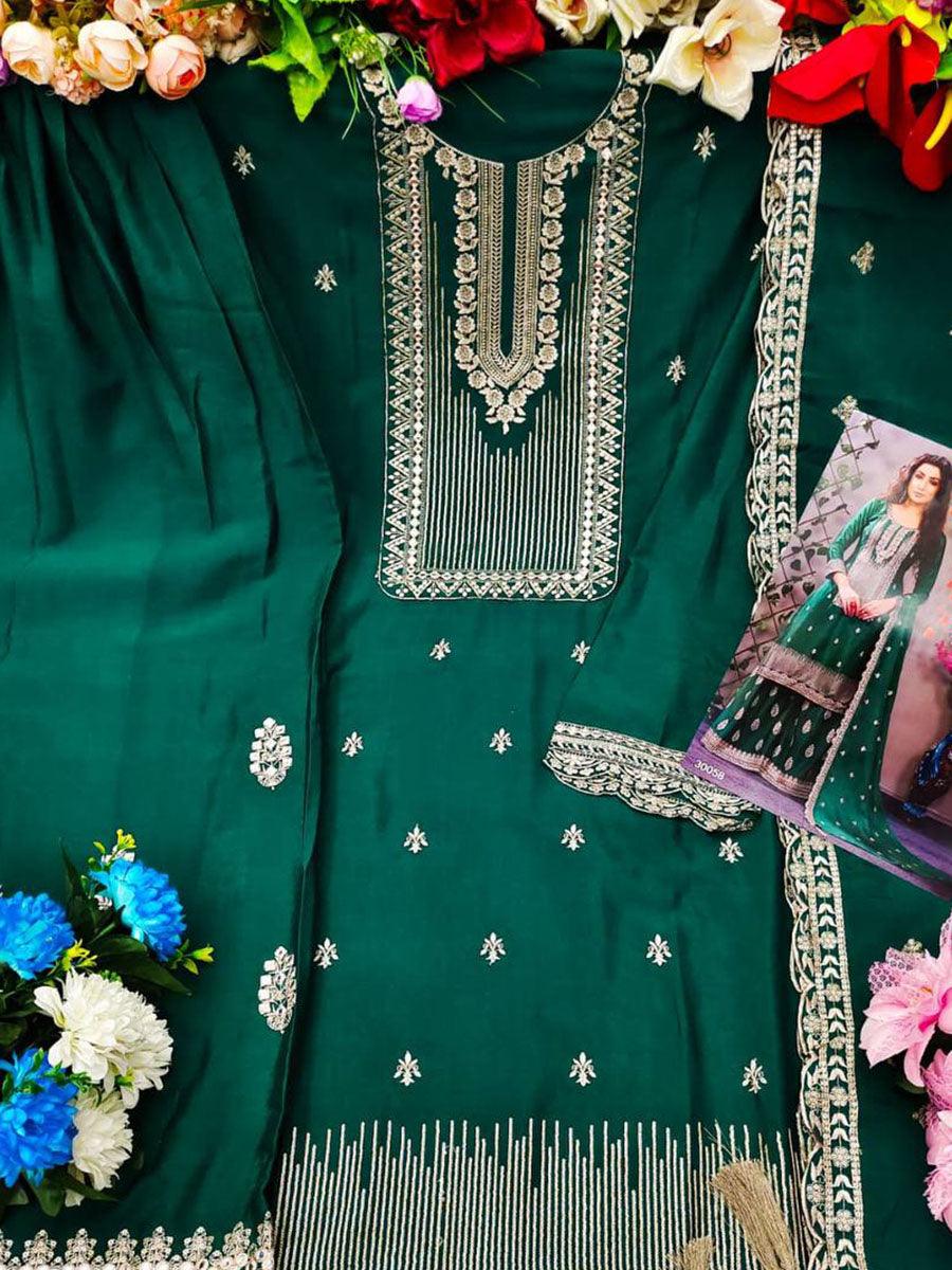 Peacock Green Chinon Anarkali with Dupatta Set - Indiakreations