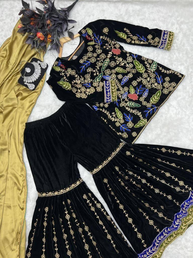 Navy Blue Velvet Embroidery Salwar Suit with Dupatta - Indiakreations