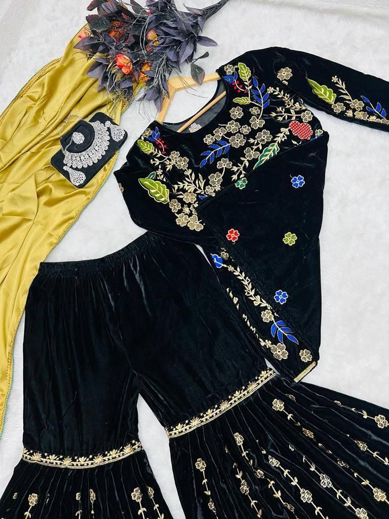 Navy Blue Velvet Embroidery Salwar Suit with Dupatta - Indiakreations