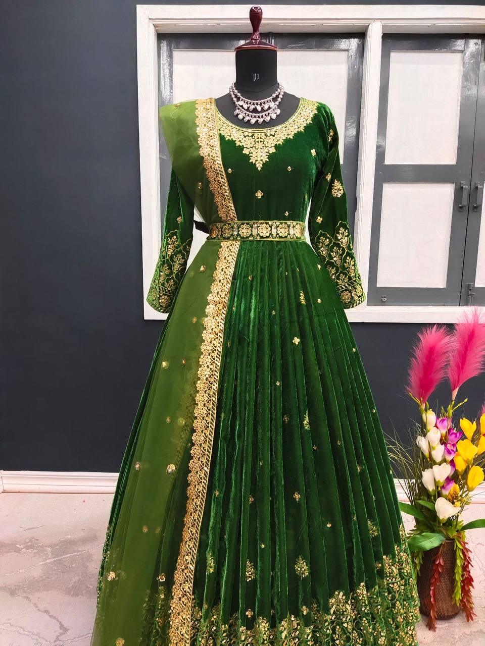 Green Velvet Embroidery Salwar Suit with Dupatta - Indiakreations