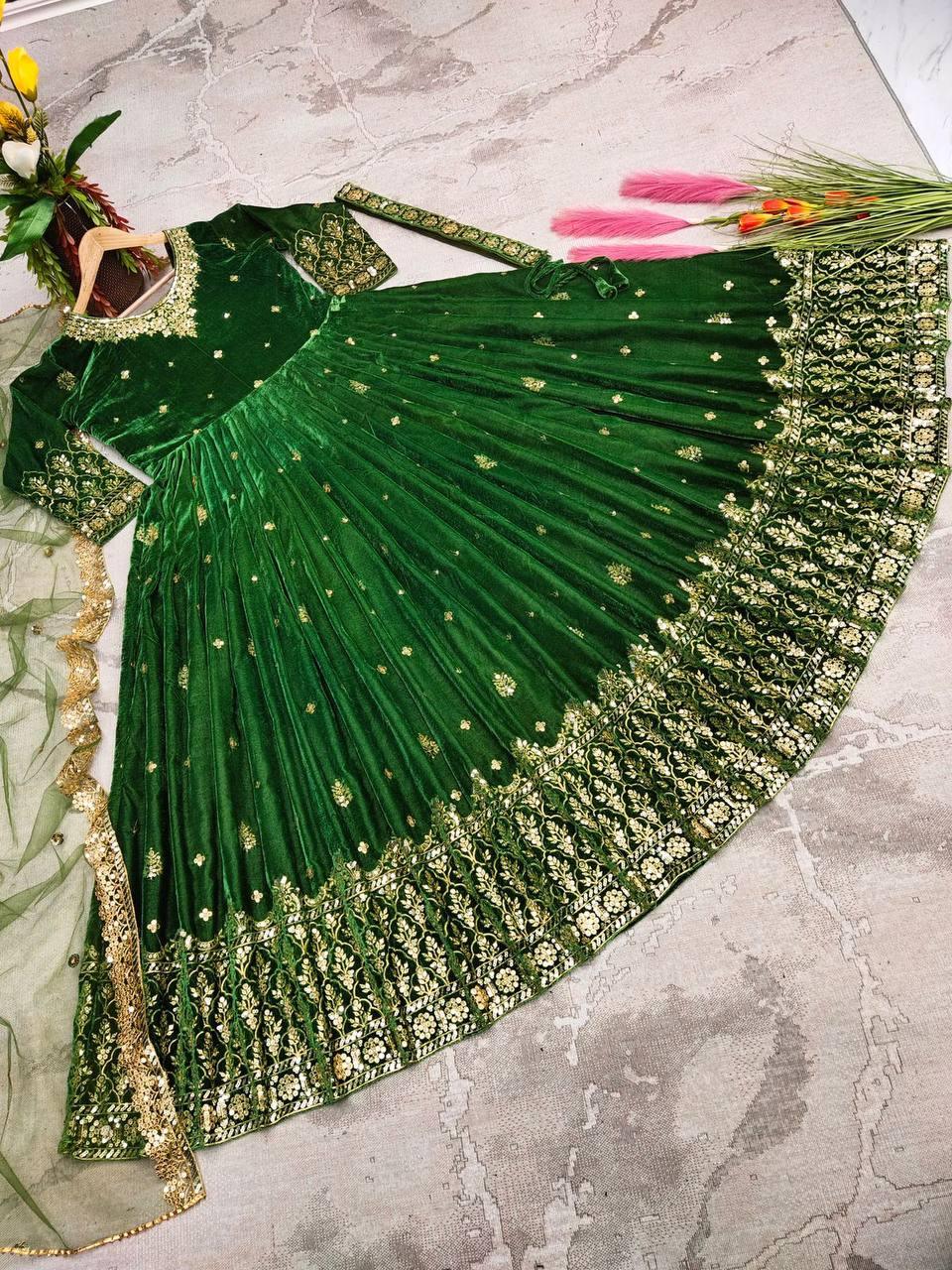 Green Velvet Embroidery Salwar Suit with Dupatta - Indiakreations