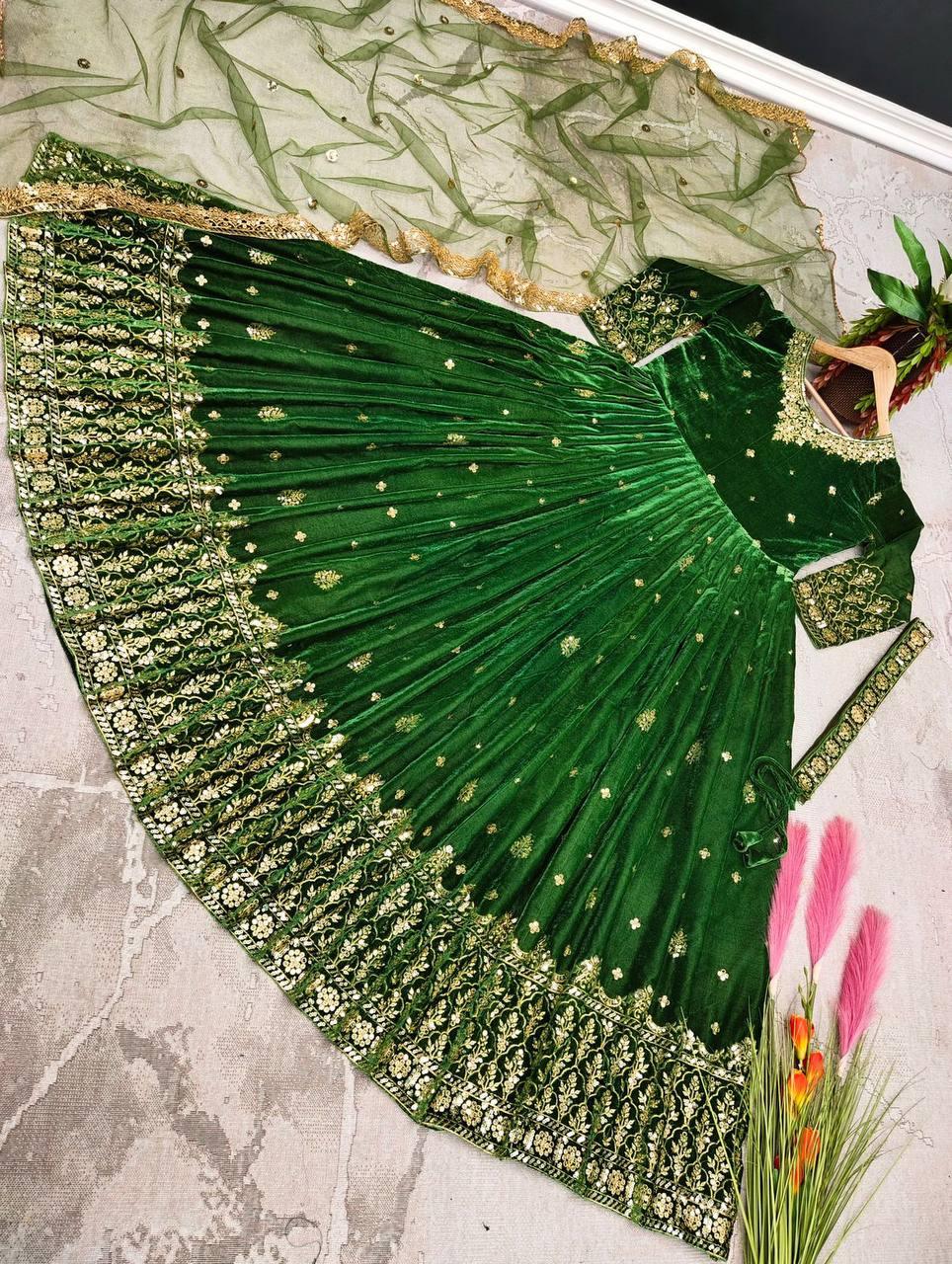 Green Velvet Embroidery Salwar Suit with Dupatta - Indiakreations