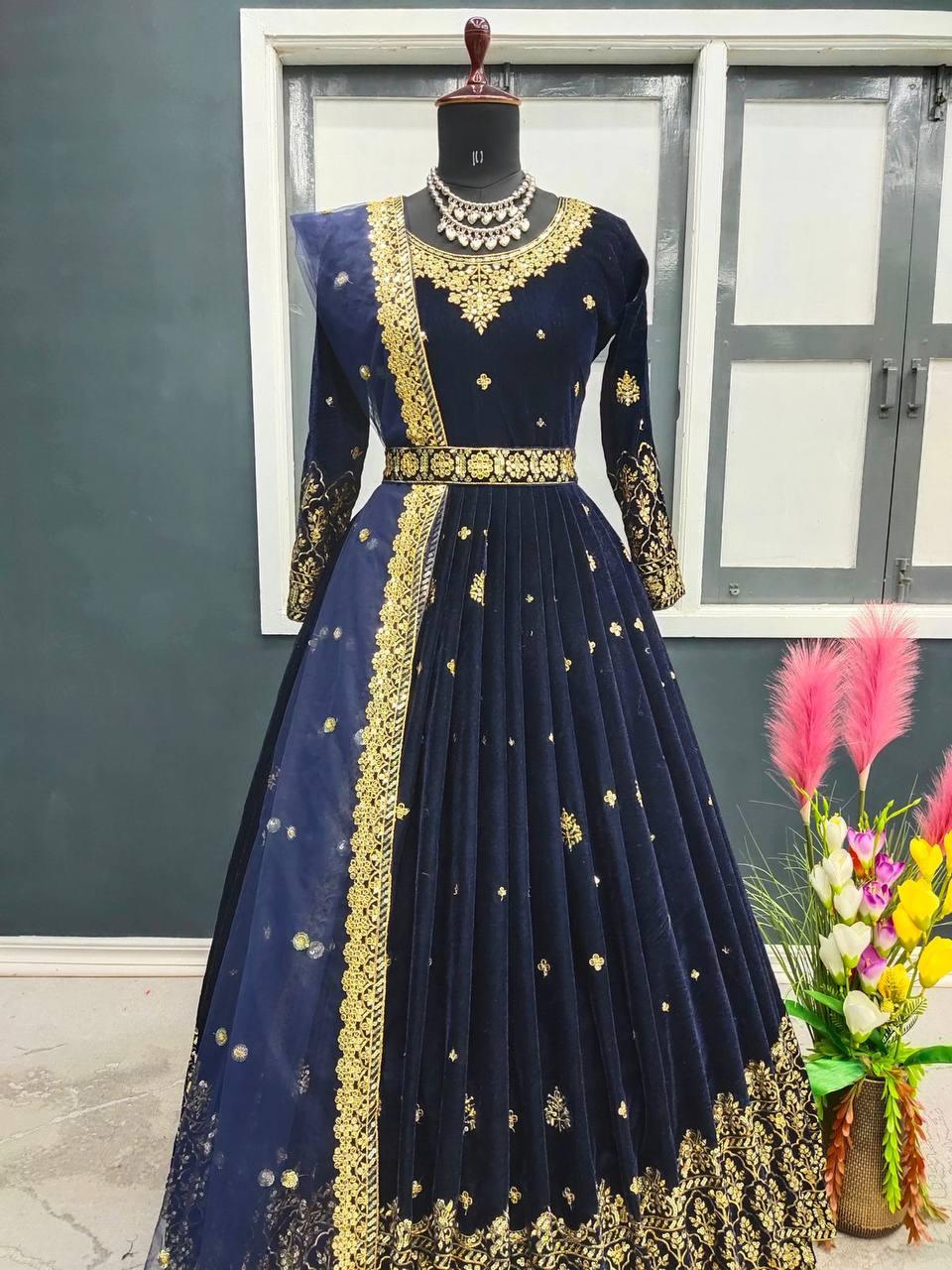 Blue Velvet Embroidery Salwar Suit with Dupatta - Indiakreations