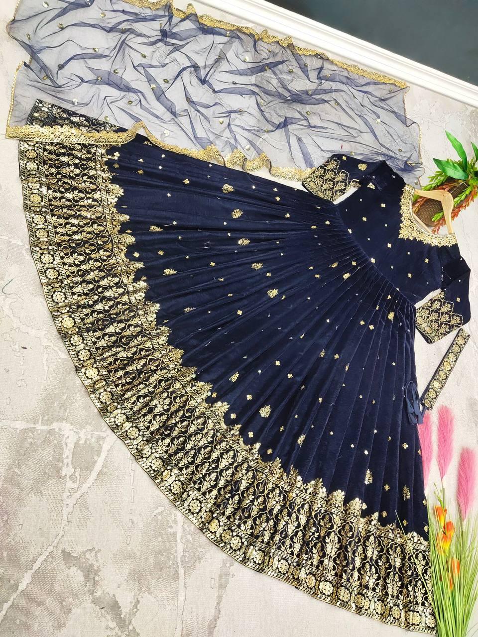 Blue Velvet Embroidery Salwar Suit with Dupatta - Indiakreations