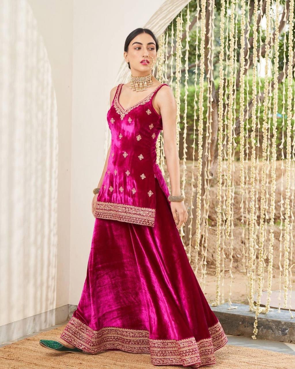 Pink Velvet Embroidery Salwar Suit with Dupatta - Indiakreations