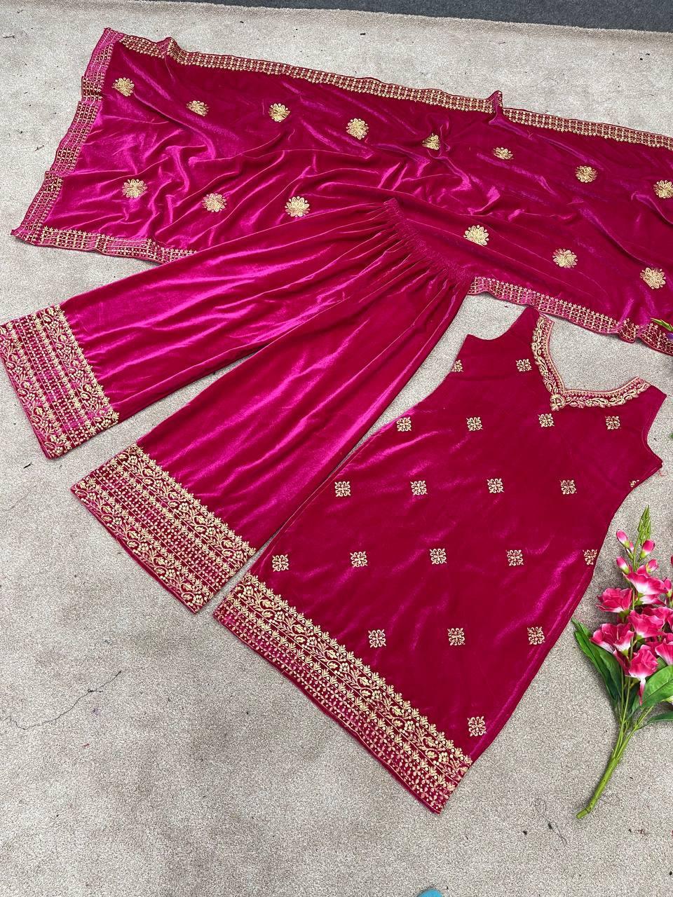 Pink Velvet Embroidery Salwar Suit with Dupatta - Indiakreations