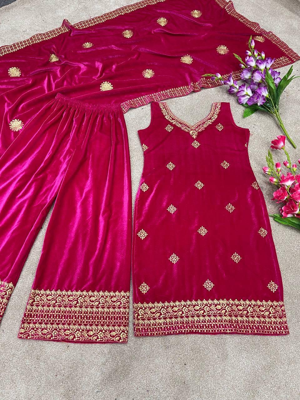 Pink Velvet Embroidery Salwar Suit with Dupatta - Indiakreations