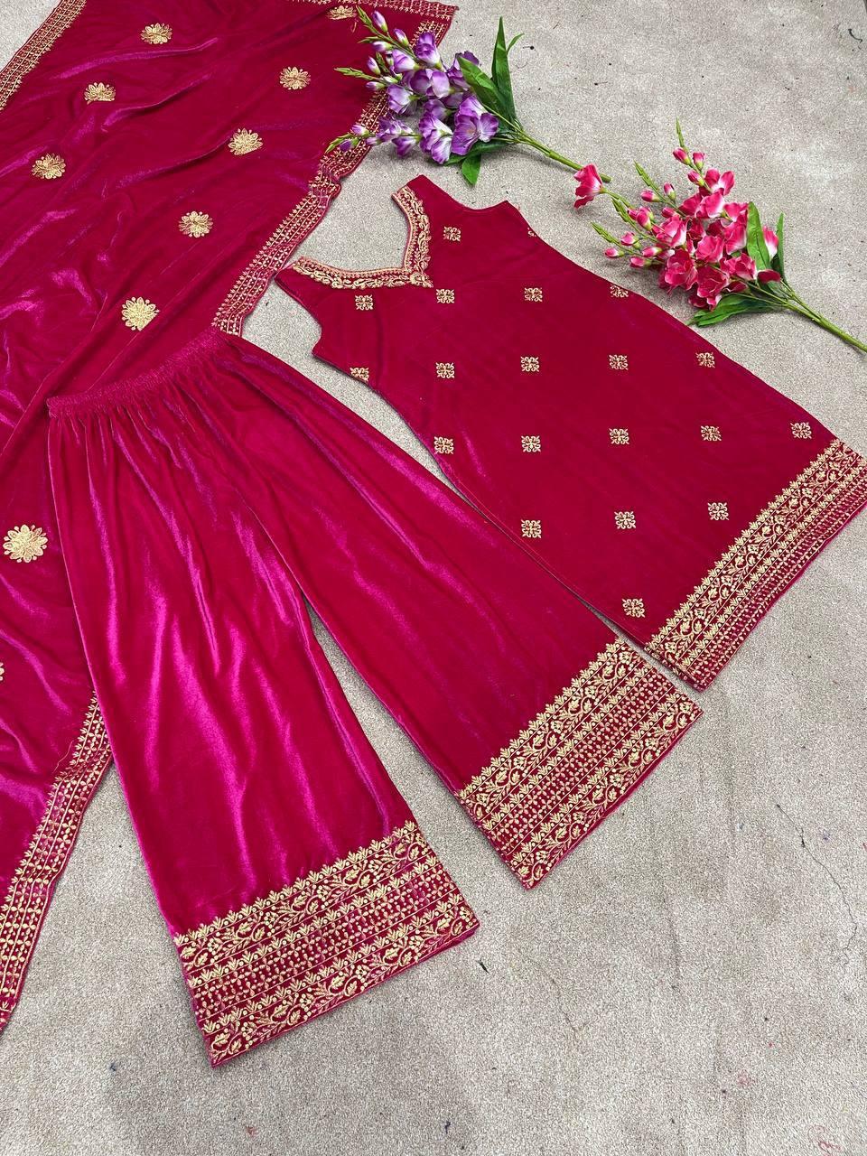 Pink Velvet Embroidery Salwar Suit with Dupatta - Indiakreations