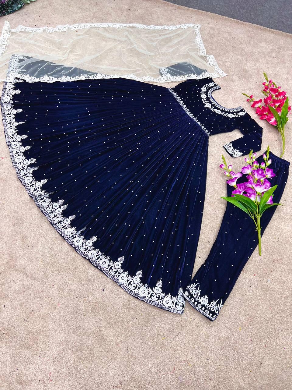 Navy Blue Velvet Embroidery Salwar Suit with Dupatta - Indiakreations