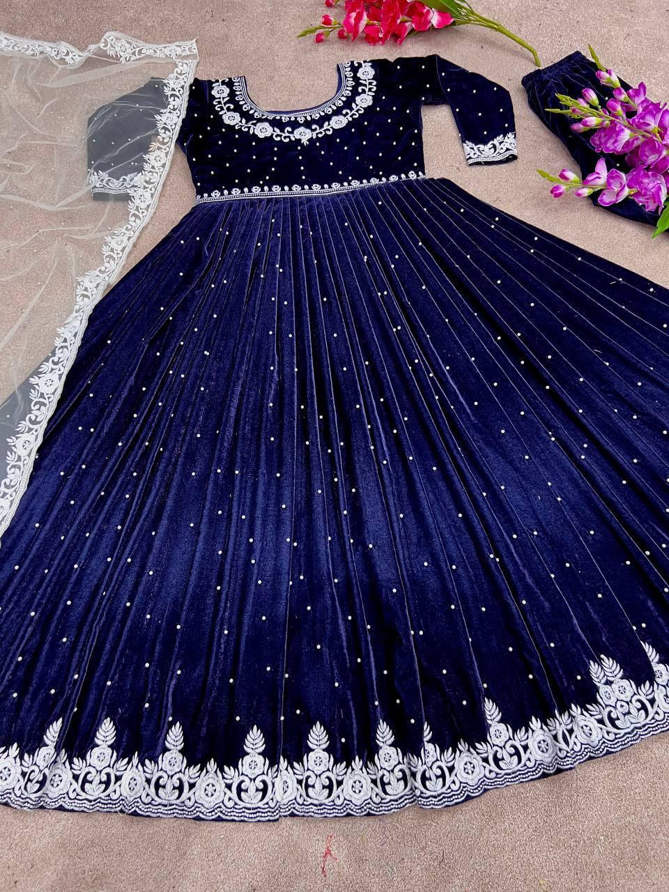 Navy Blue Velvet Embroidery Salwar Suit with Dupatta - Indiakreations