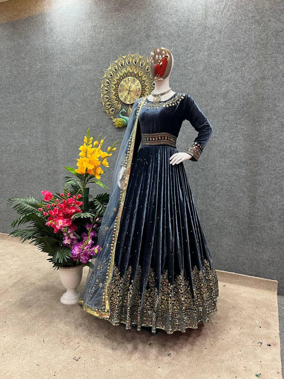 Blue Velvet Embroidery Salwar Suit with Dupatta - Indiakreations