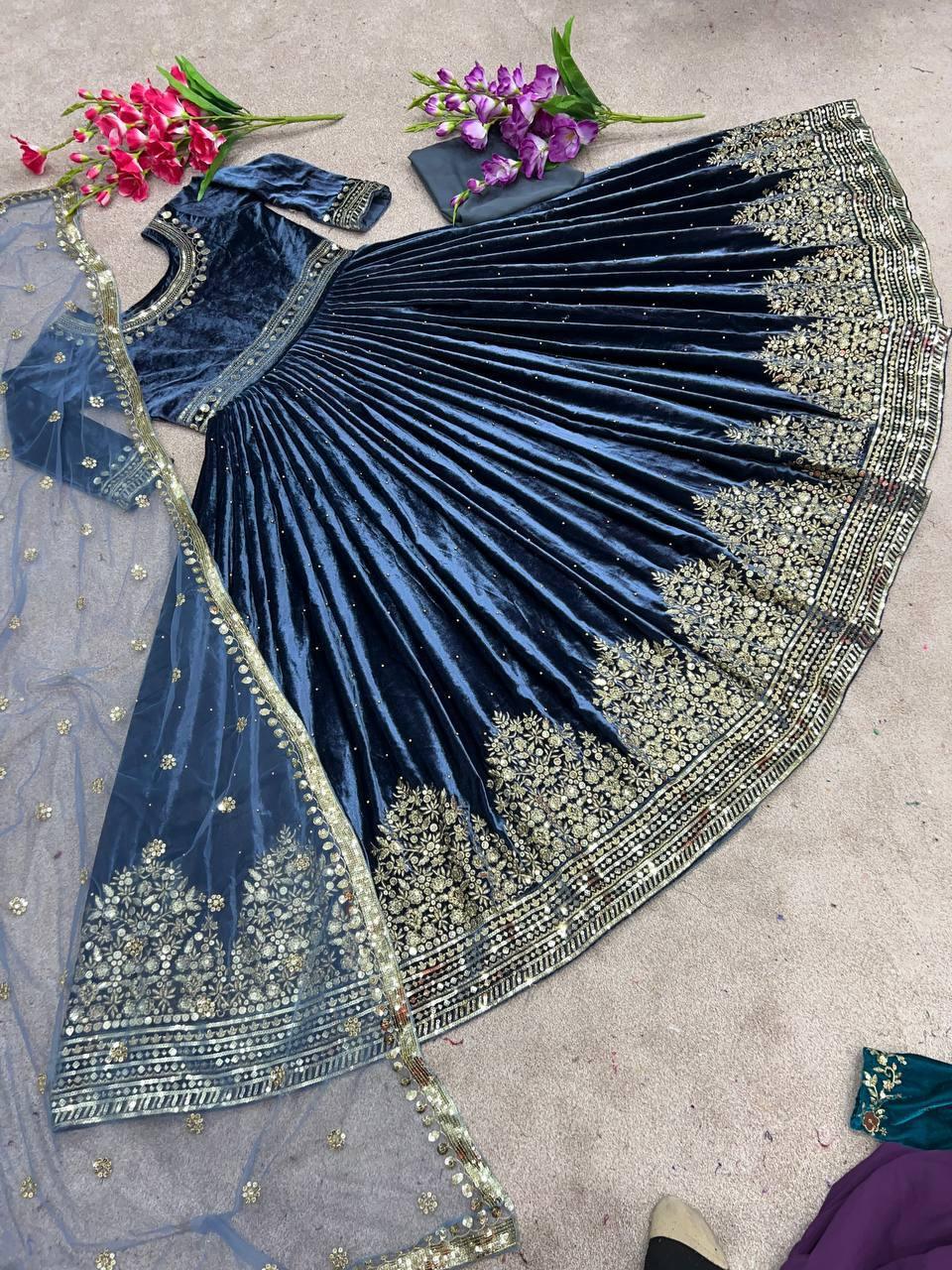 Blue Velvet Embroidery Salwar Suit with Dupatta - Indiakreations