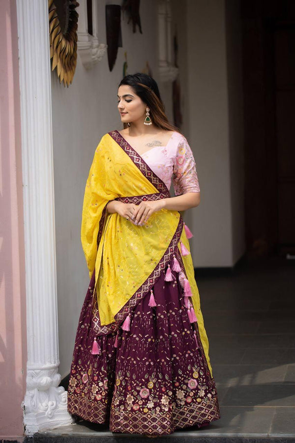 Yellow And Purple Georgette Embroidery Lehenga Choli - Indiakreations