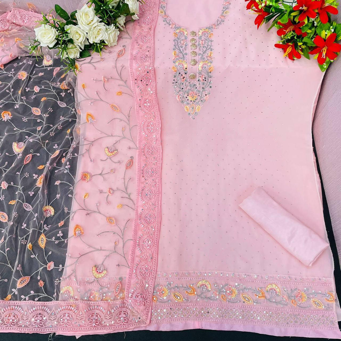 Pink Georgette Embroidery Anarkali With Dupatta Set - Indiakreations