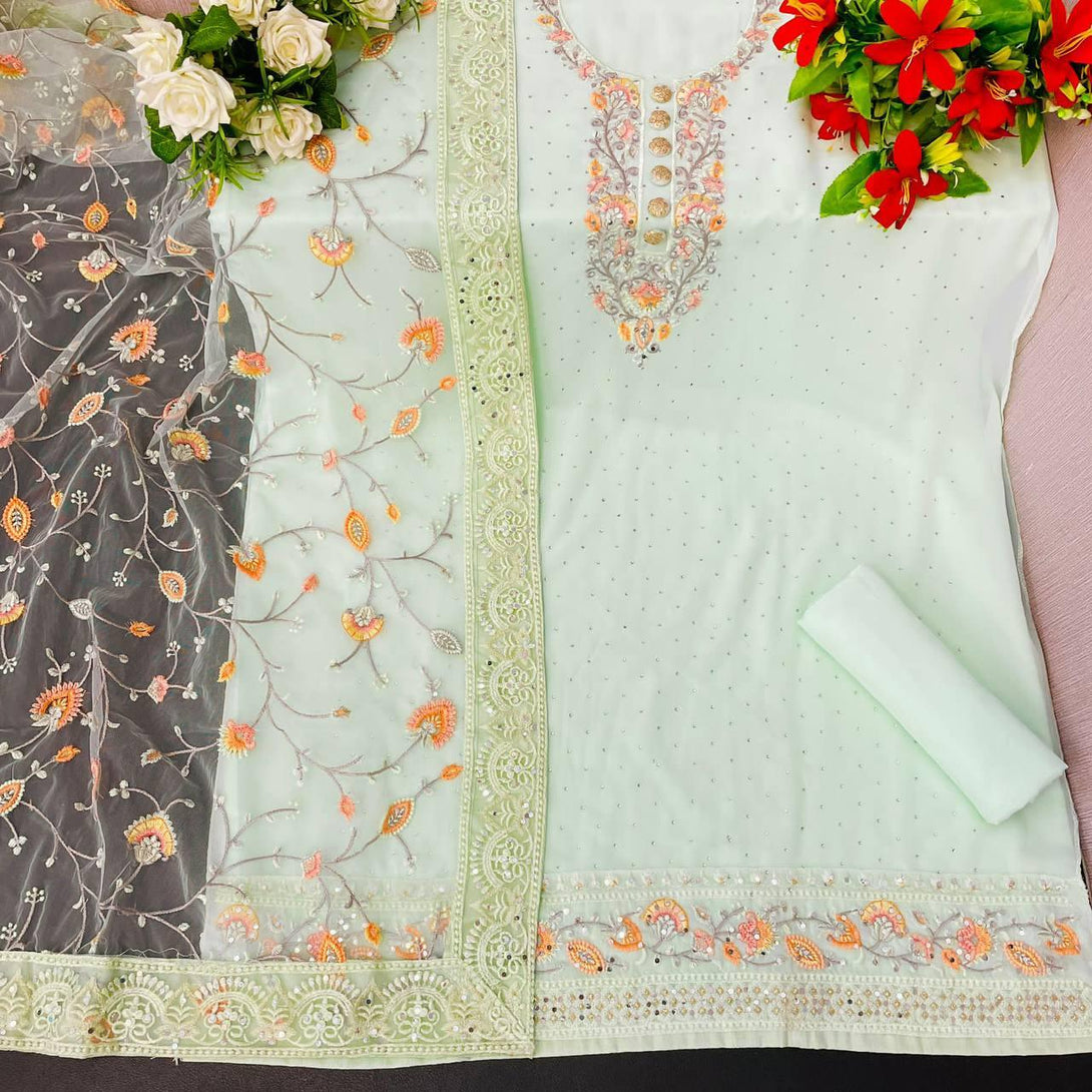 Green Georgette Embroidery Anarkali With Dupatta Set - Indiakreations