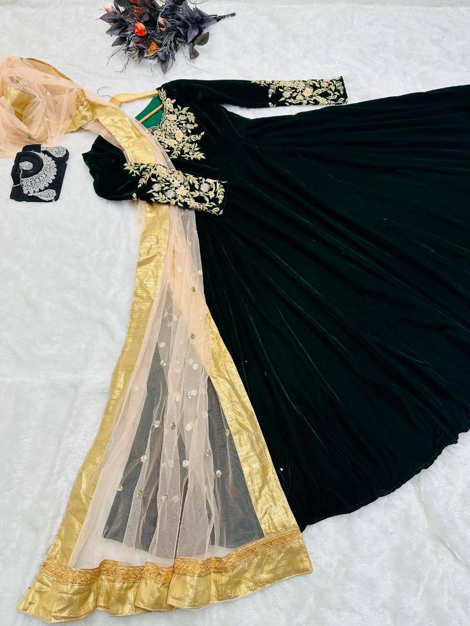 Dark Green Velvet Embroidery Salwar Suit with Dupatta - Indiakreations