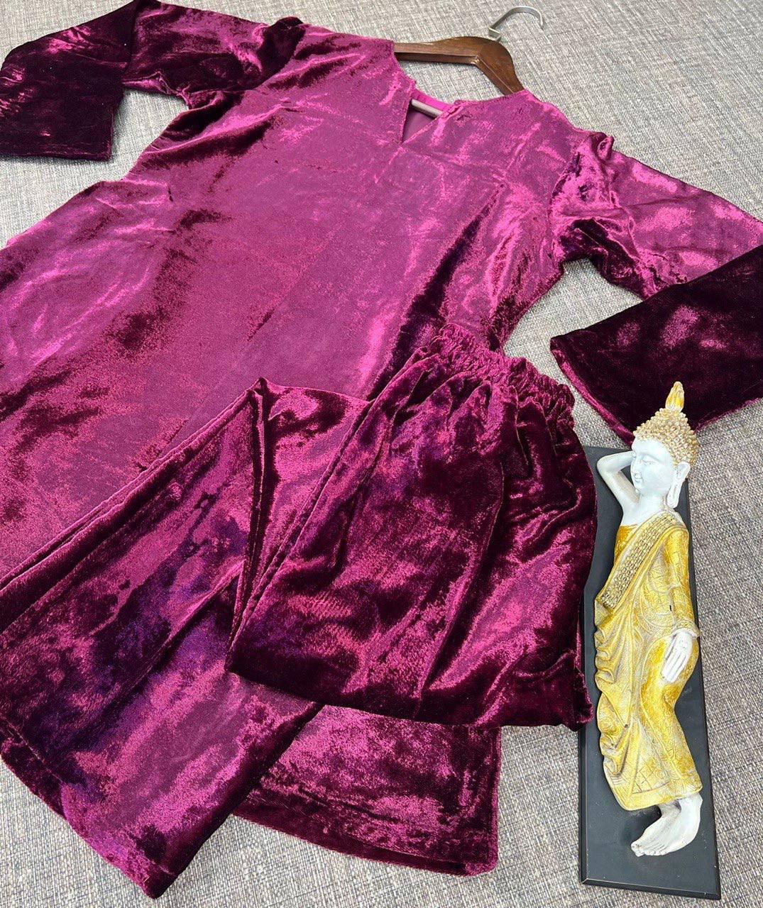 Purple Velvet Embroidery Salwar Suit with Dupatta - Indiakreations