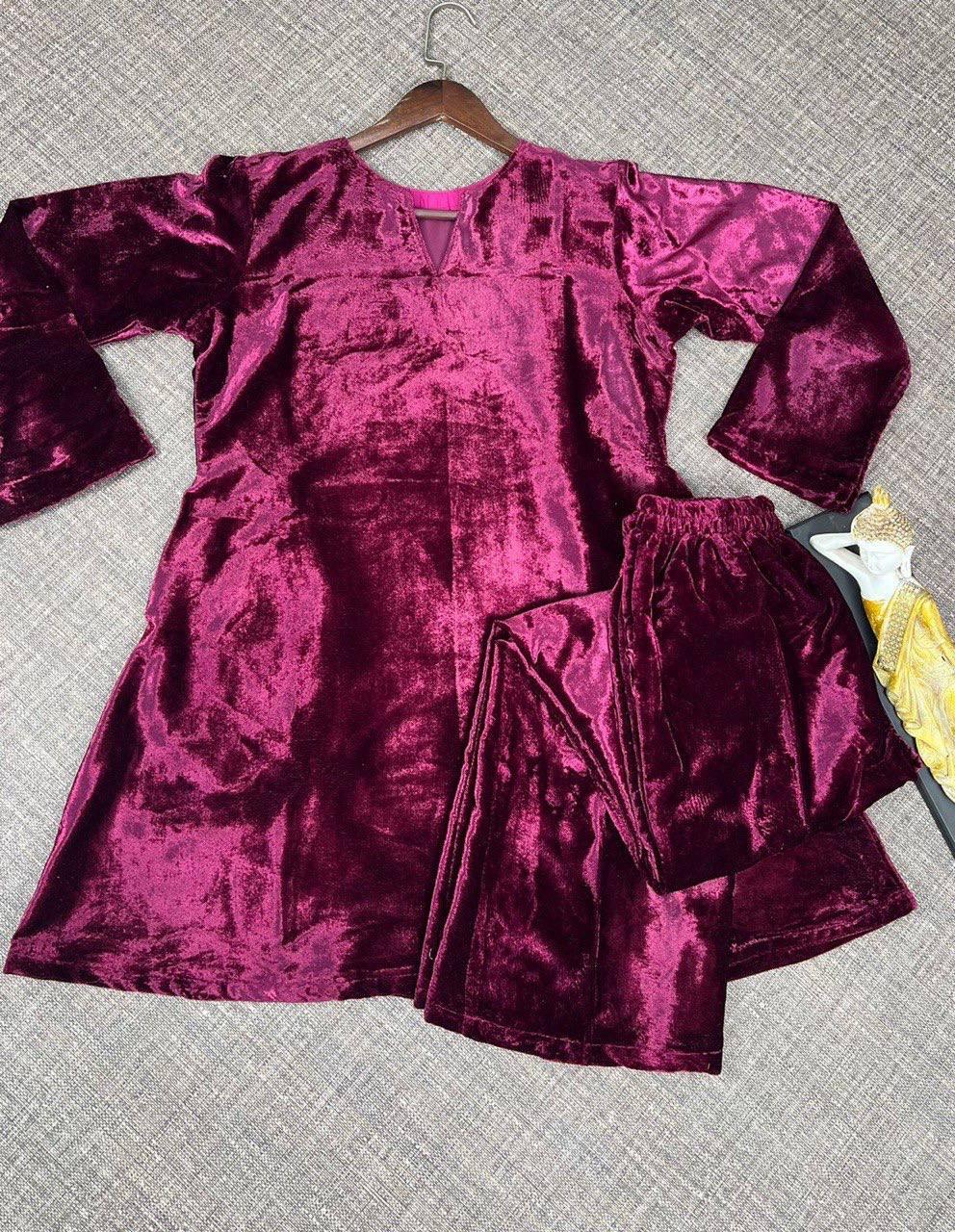 Purple Velvet Embroidery Salwar Suit with Dupatta - Indiakreations