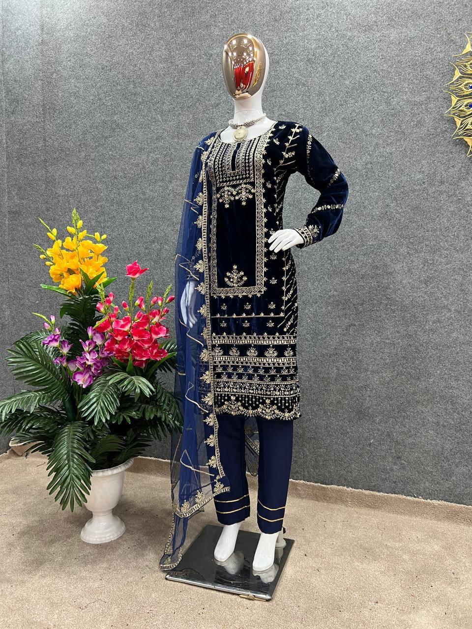 Blue Velvet Embroidery Salwar Suit with Dupatta - Indiakreations