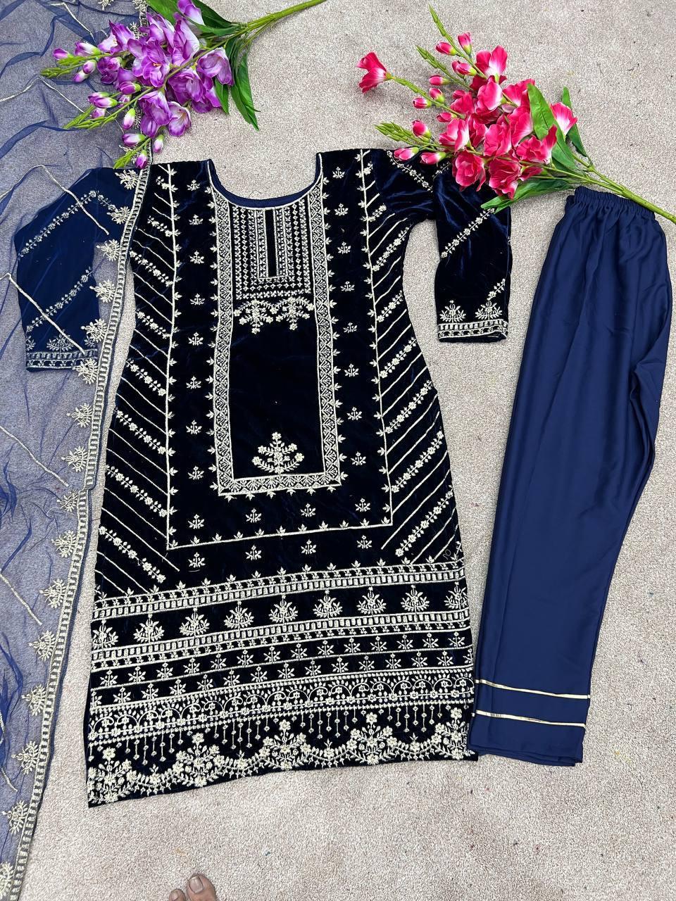 Blue Velvet Embroidery Salwar Suit with Dupatta - Indiakreations