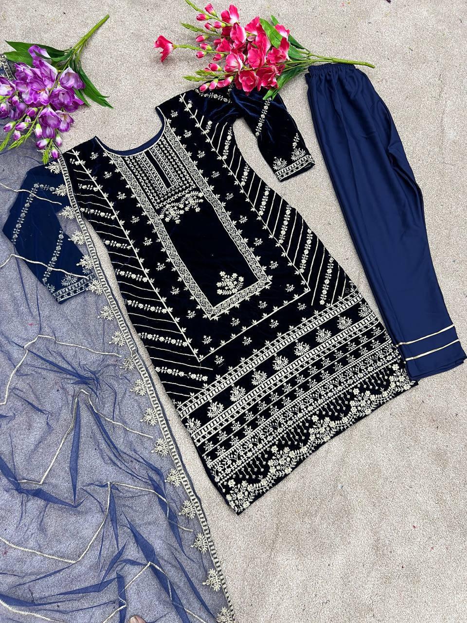 Blue Velvet Embroidery Salwar Suit with Dupatta - Indiakreations