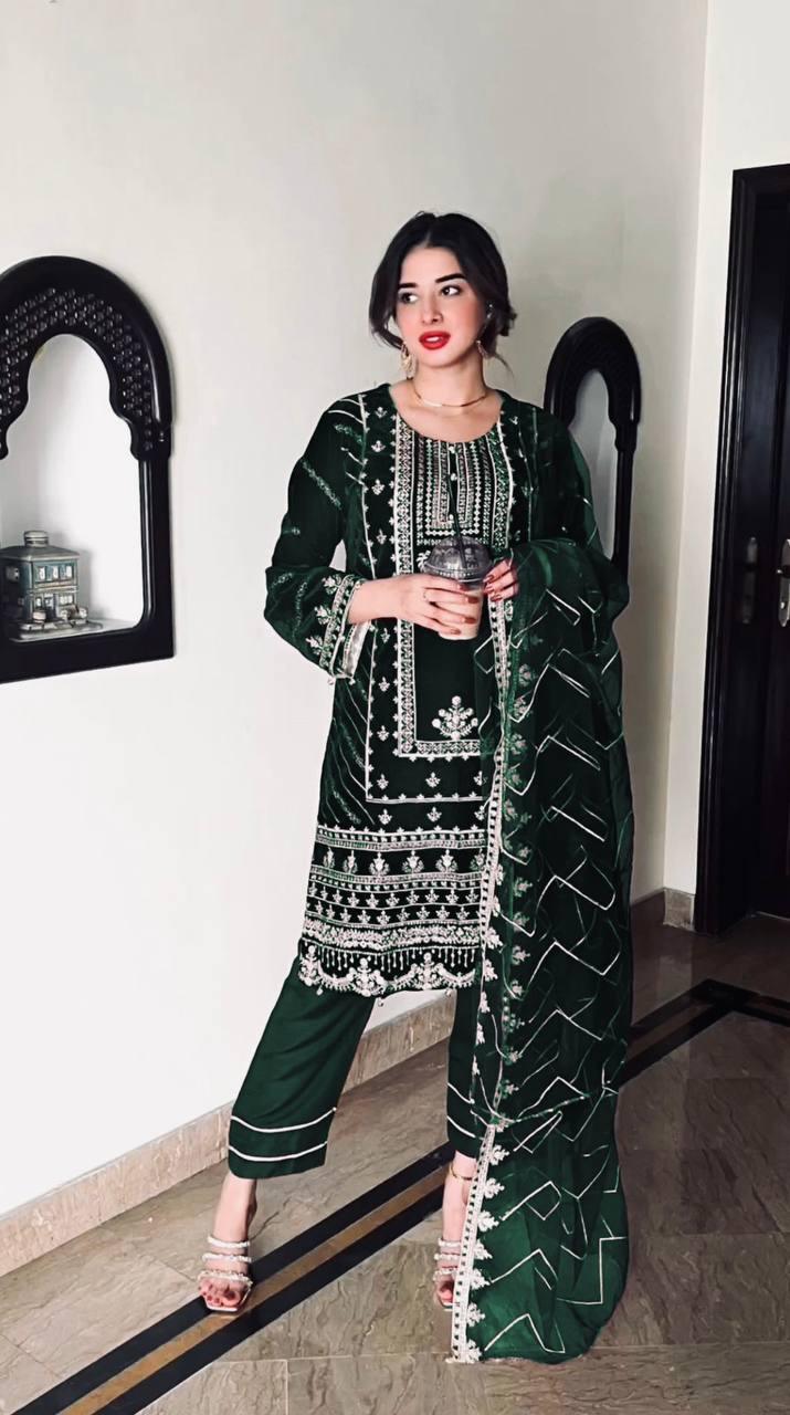 Green Velvet Embroidery Salwar Suit with Dupatta - Indiakreations