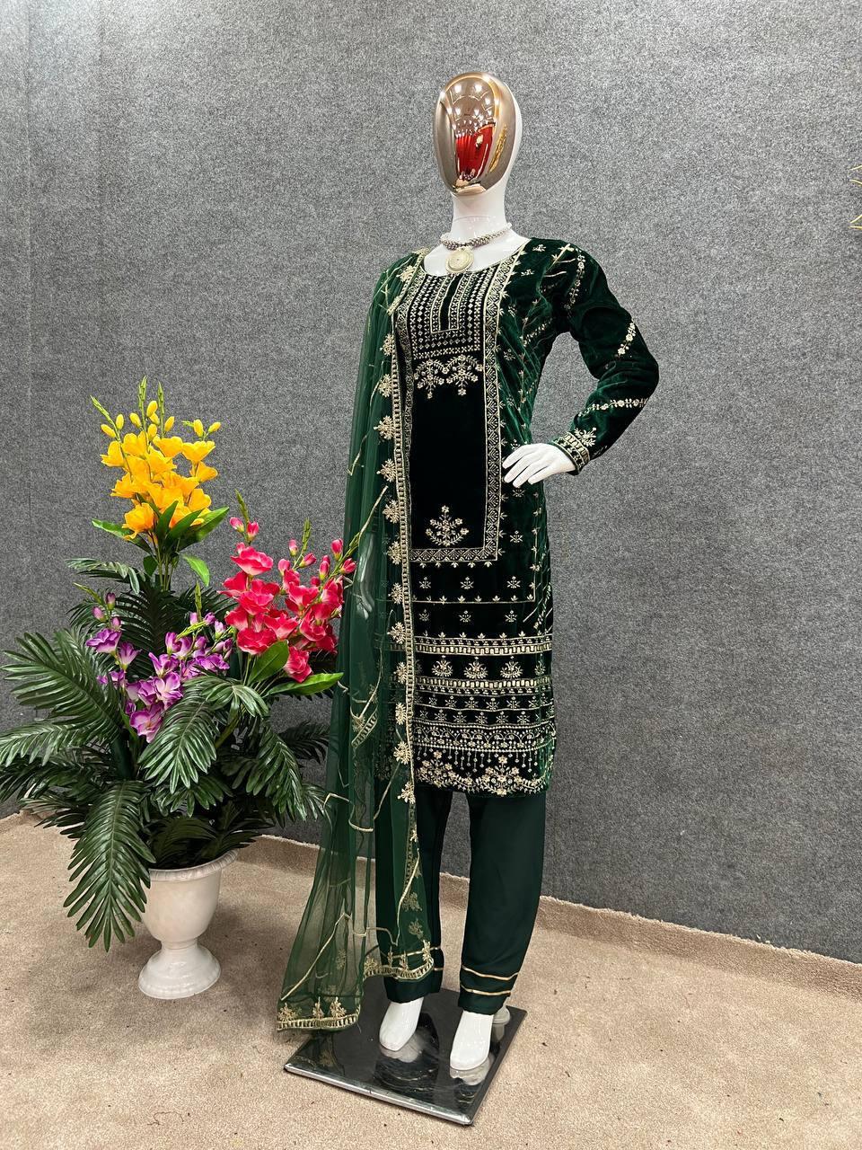 Green Velvet Embroidery Salwar Suit with Dupatta - Indiakreations