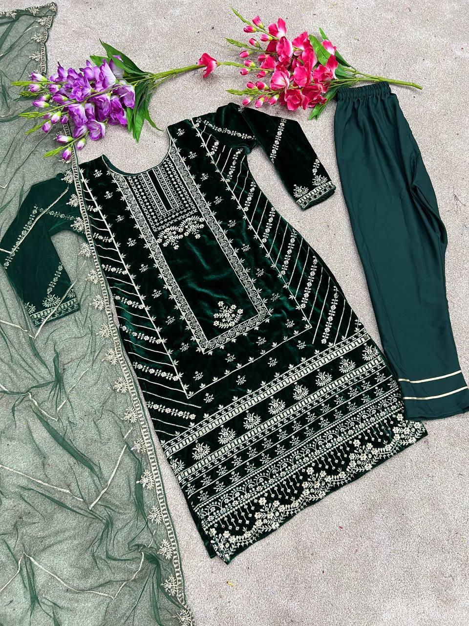 Green Velvet Embroidery Salwar Suit with Dupatta - Indiakreations