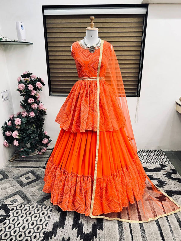 Orange Georgette Gown With Dupatta Set