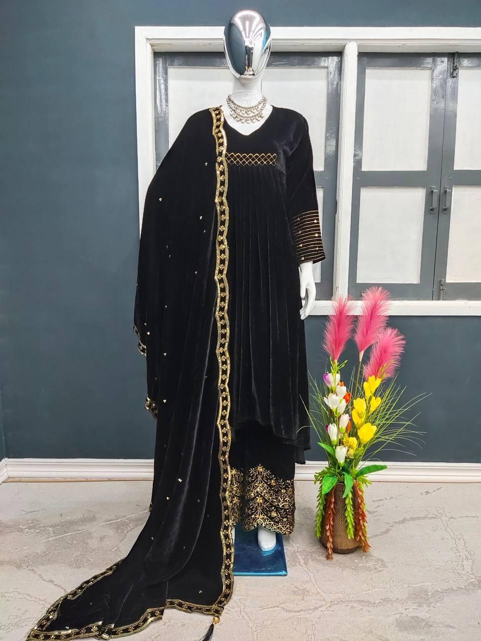 Black Velvet Embroidery Salwar Suit with Dupatta - Indiakreations