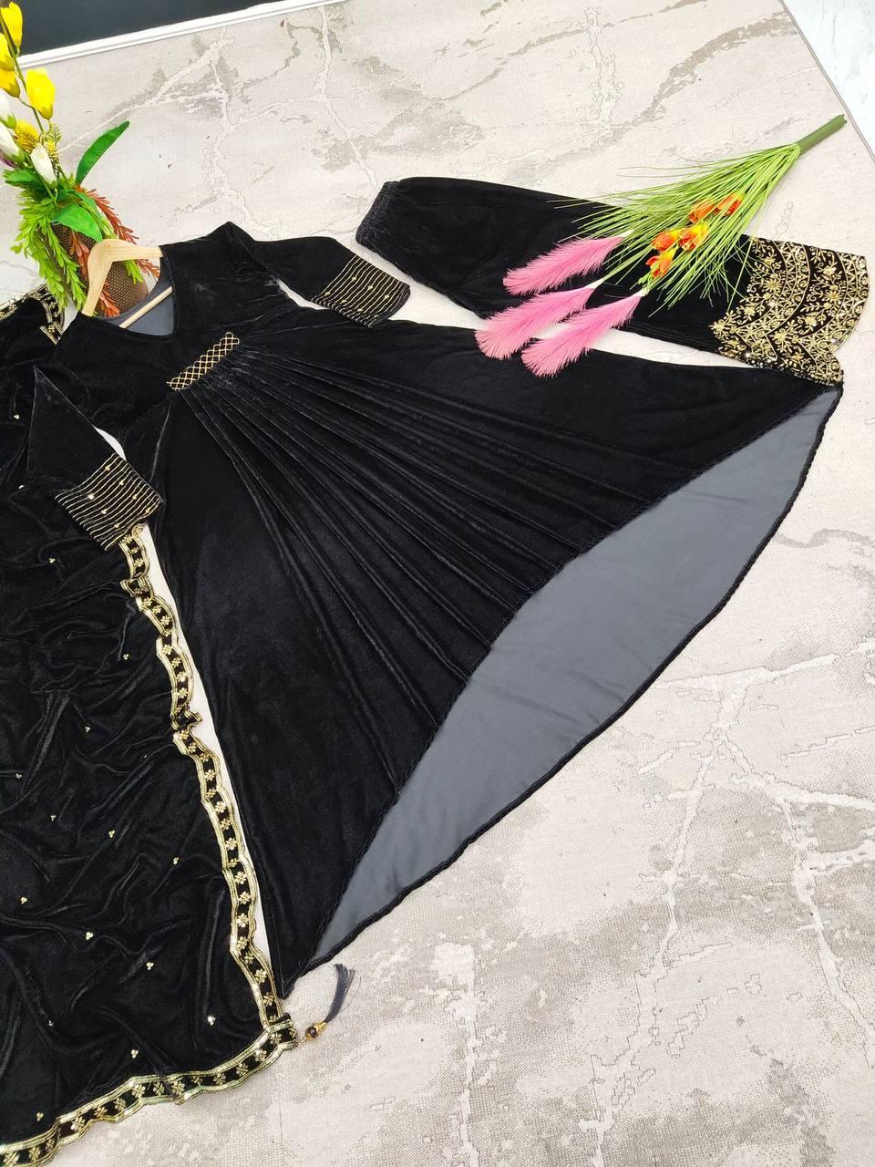 Black Velvet Embroidery Salwar Suit with Dupatta - Indiakreations