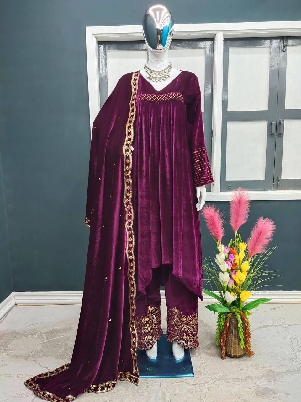 Purple Velvet Embroidery Salwar Suit with Dupatta - Indiakreations