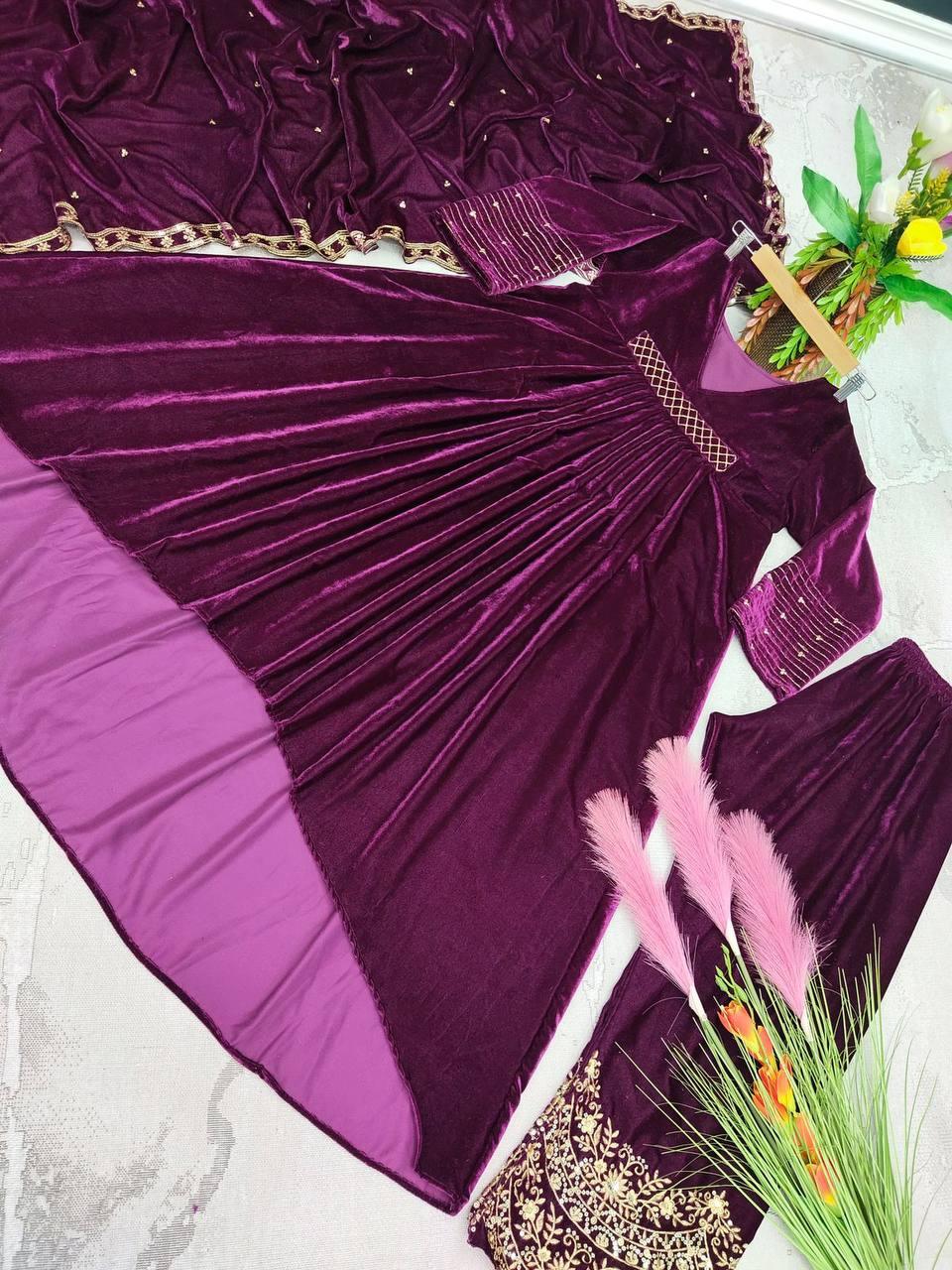 Purple Velvet Embroidery Salwar Suit with Dupatta - Indiakreations