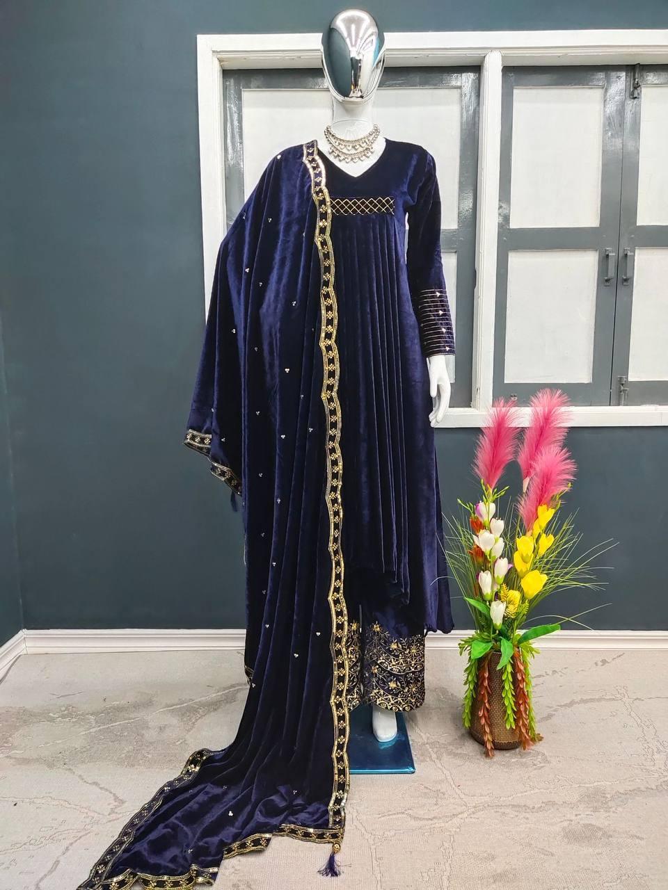 Blue Velvet Embroidery Salwar Suit with Dupatta - Indiakreations