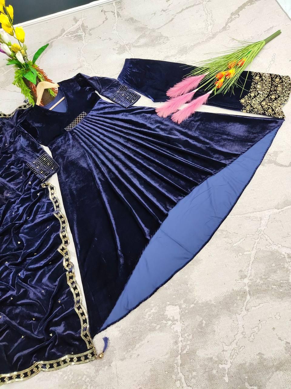 Blue Velvet Embroidery Salwar Suit with Dupatta - Indiakreations