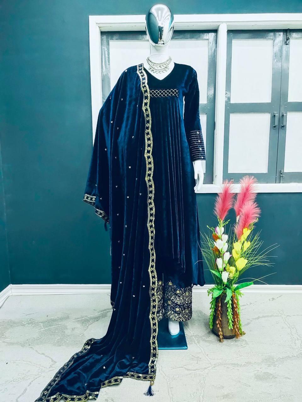 Blue Velvet Embroidery Salwar Suit with Dupatta - Indiakreations