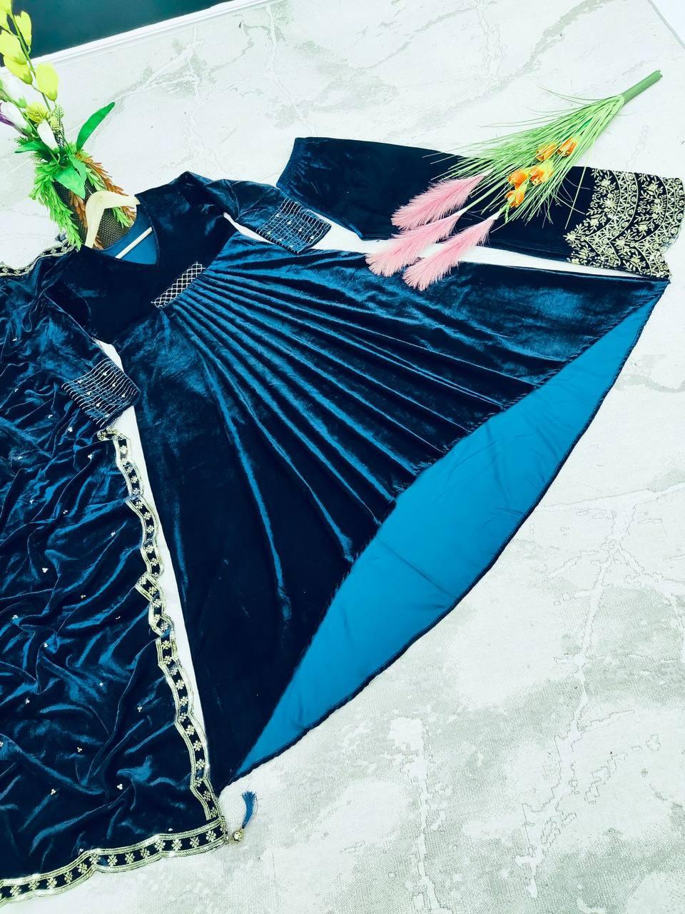 Blue Velvet Embroidery Salwar Suit with Dupatta - Indiakreations