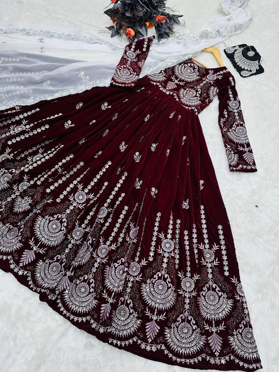 Maroon Velvet Embroidery Salwar Suit with Dupatta - Indiakreations