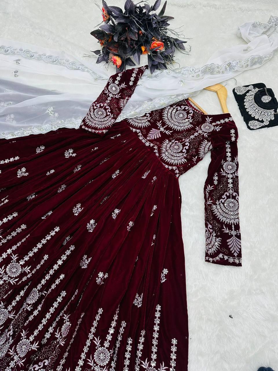 Maroon Velvet Embroidery Salwar Suit with Dupatta - Indiakreations