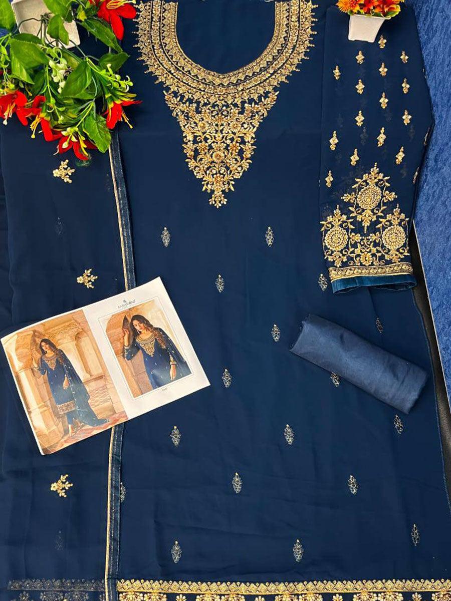 Peacock Blue Georgette Embroidery Anarkali with Dupatta Set - Indiakreations