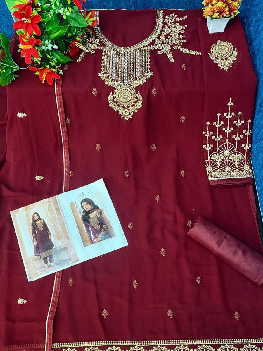 Maroon Georgette Embroidery Anarkali with Dupatta Set - Indiakreations