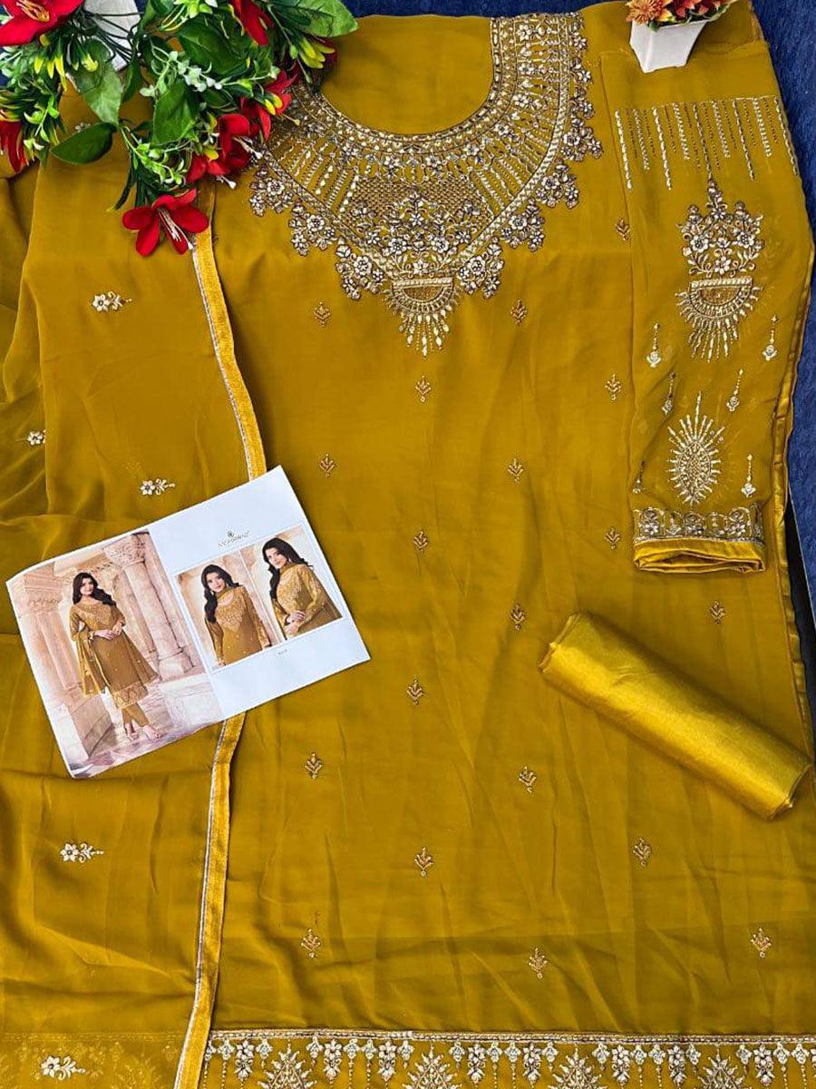 Dijon Yellow Georgette Embroidery Anarkali with Dupatta Set - Indiakreations