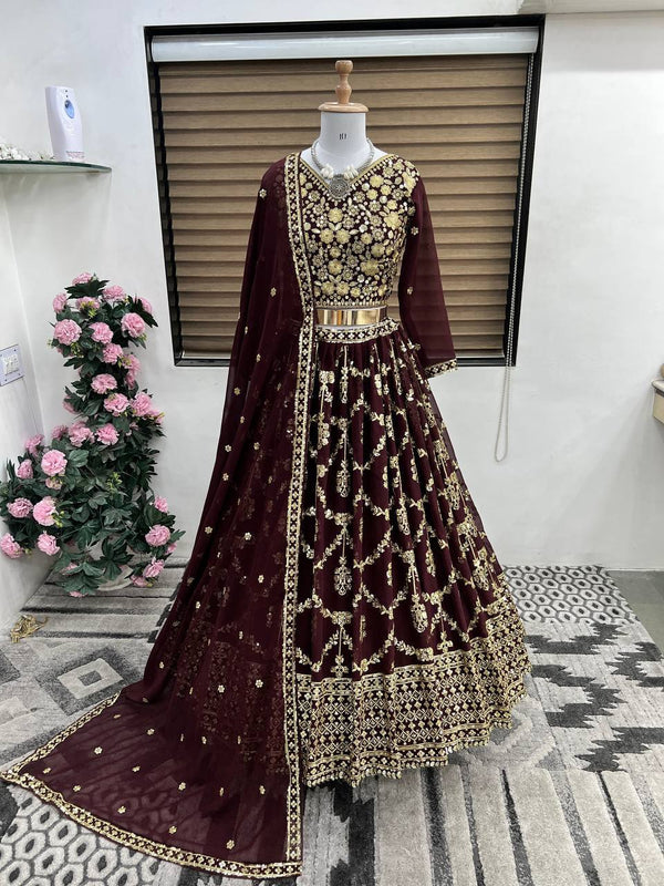 Maroon Georgette Embroidery Sequins Lehenga Choli With Dupatta Set