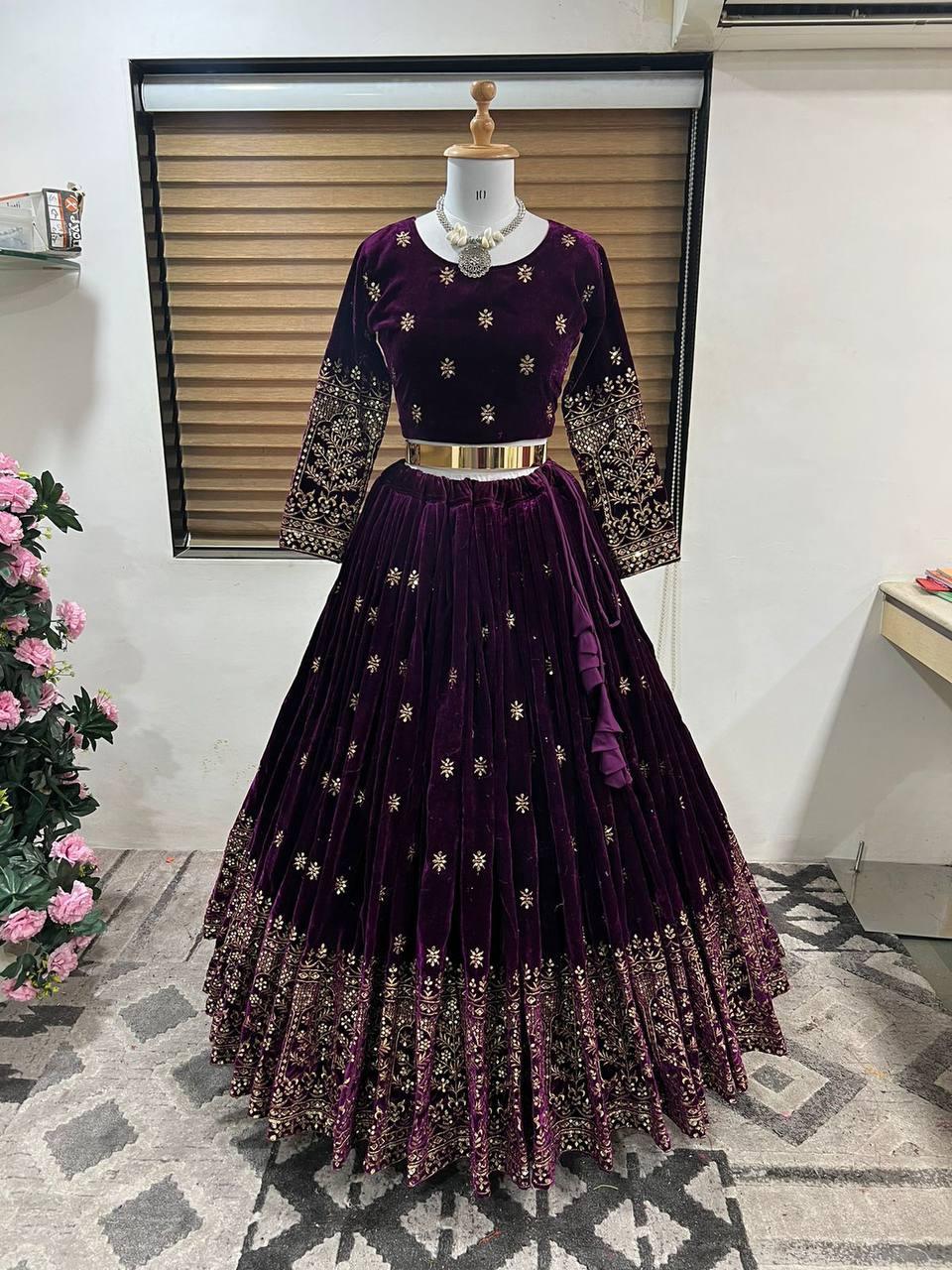 Purple Velvet Embroidery Lehenga Choli with Dupatta - Indiakreations